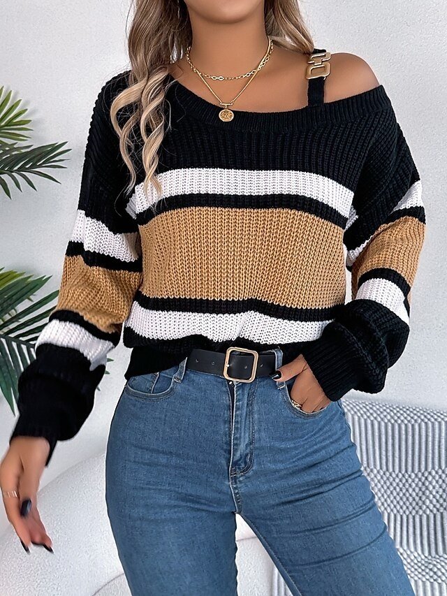 Casual Regular Striped One Shoulder Long Sleeve Knit Top - Image 5