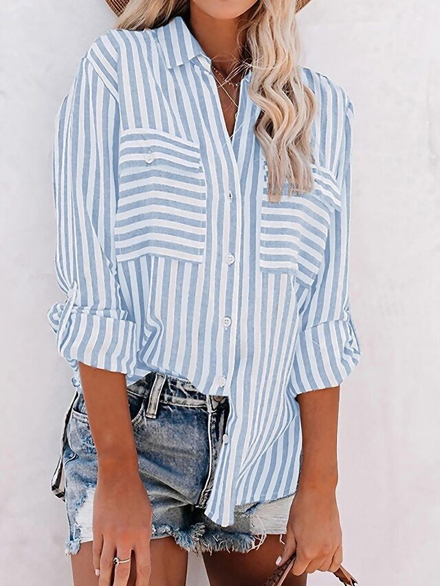 Casual Regular Striped Shirt Collar Long Sleeve Shirt - Image 1
