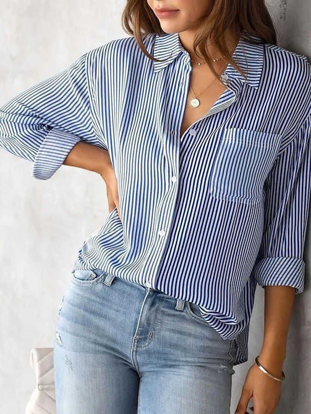 Casual Regular Striped Shirt Collar Long Sleeve Blouse - Image 1