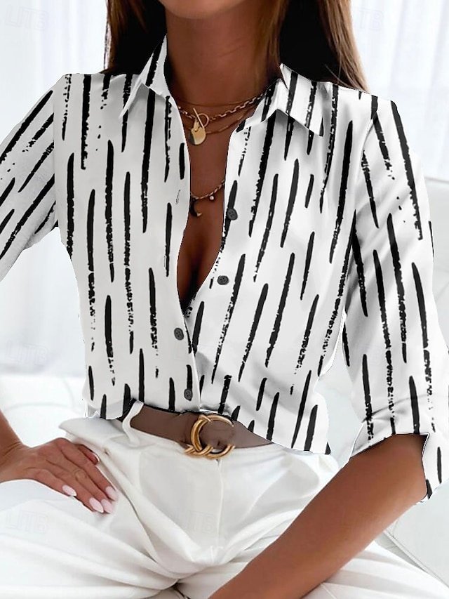 Casual Regular Striped Shirt Collar Long Sleeve Blouse - Image 1