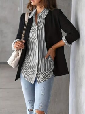 Casual Regular Striped Shirt Collar Long Sleeve Blouse - Image 10