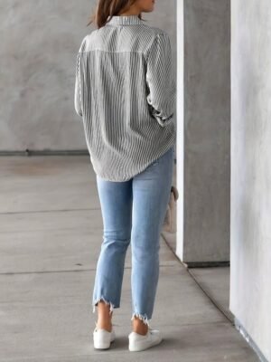 Casual Regular Striped Shirt Collar Long Sleeve Blouse - Image 11