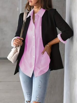 Casual Regular Striped Shirt Collar Long Sleeve Blouse - Image 15