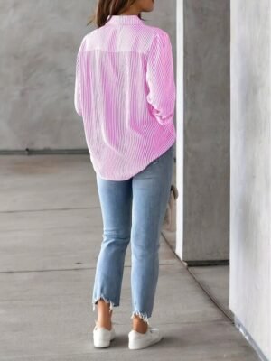 Casual Regular Striped Shirt Collar Long Sleeve Blouse - Image 16