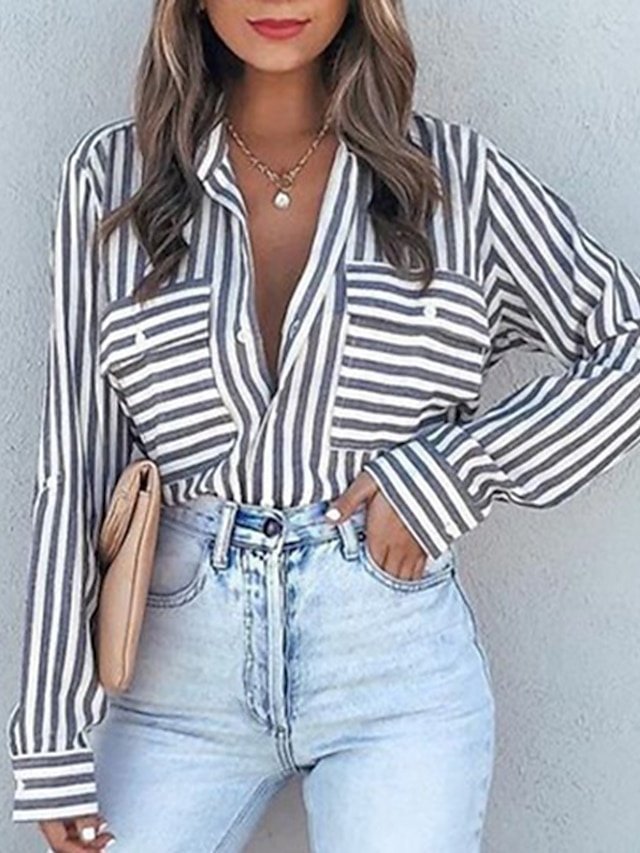 Casual Regular Striped Shirt Collar Long Sleeve Shirt - Image 2
