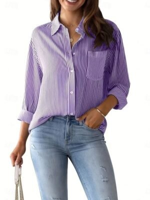 Casual Regular Striped Shirt Collar Long Sleeve Blouse - Image 5