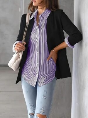 Casual Regular Striped Shirt Collar Long Sleeve Blouse - Image 6