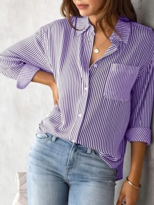 Casual Regular Striped Shirt Collar Long Sleeve Blouse - Image 7