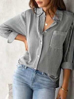 Casual Regular Striped Shirt Collar Long Sleeve Blouse - Image 8