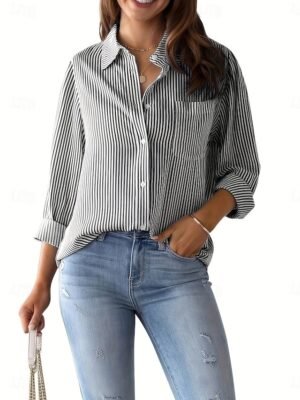 Casual Regular Striped Shirt Collar Long Sleeve Blouse - Image 9