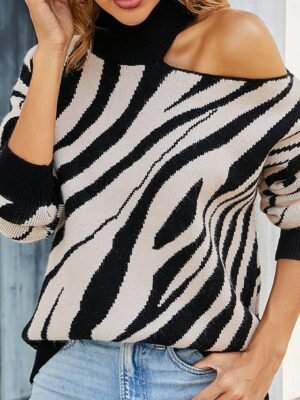 Casual Regular Striped Stand Collar Cold Shoulder Long Sleeve Pullover - Image 6