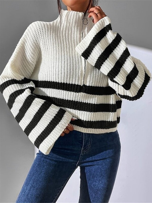 Casual Regular Striped Turtleneck Zipper Long Sleeve Knit Sweater - Image 1