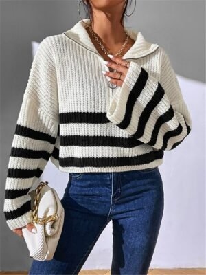 Casual Regular Striped Turtleneck Zipper Long Sleeve Knit Sweater - Image 3