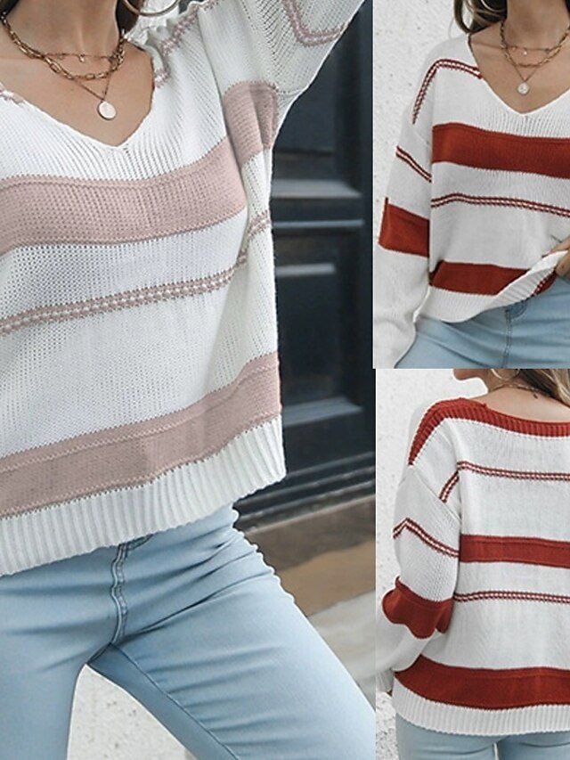Casual Regular Striped V Neck Long Sleeve Pullover - Image 1