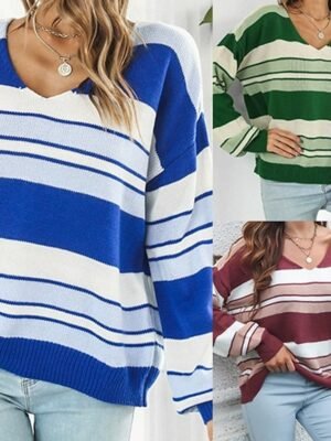 Casual Regular Striped V Neck Long Sleeve Knit Top - Image 1