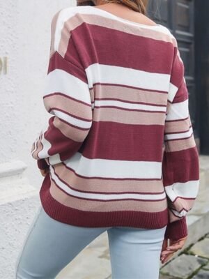 Casual Regular Striped V Neck Long Sleeve Knit Top - Image 10