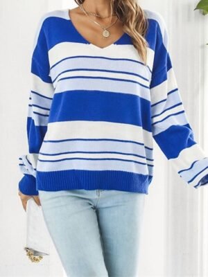 Casual Regular Striped V Neck Long Sleeve Knit Top - Image 2
