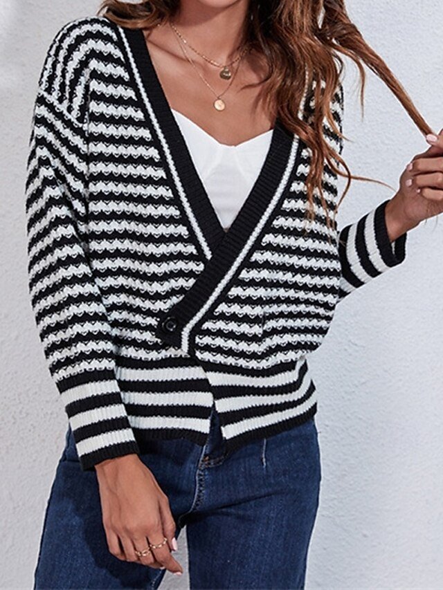 Casual Regular Striped V Neck Long Sleeve Regular Cardigan - Image 2