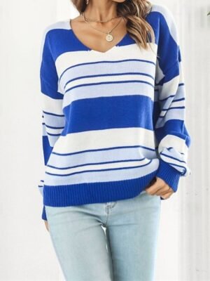 Casual Regular Striped V Neck Long Sleeve Knit Top - Image 3