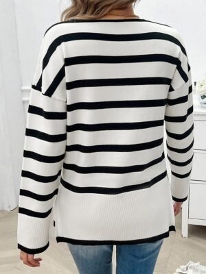 Casual Regular Striped V Neck Long Sleeve Knitted Pullover - Image 3
