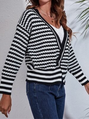 Casual Regular Striped V Neck Long Sleeve Regular Cardigan - Image 3
