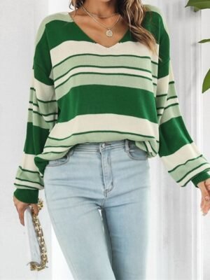 Casual Regular Striped V Neck Long Sleeve Knit Top - Image 6