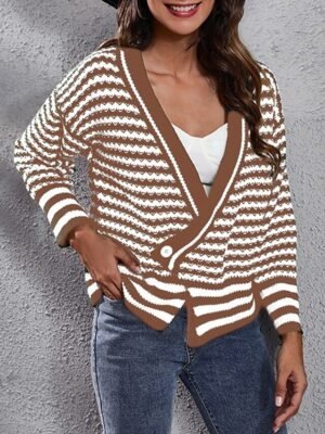 Casual Regular Striped V Neck Long Sleeve Regular Cardigan - Image 7