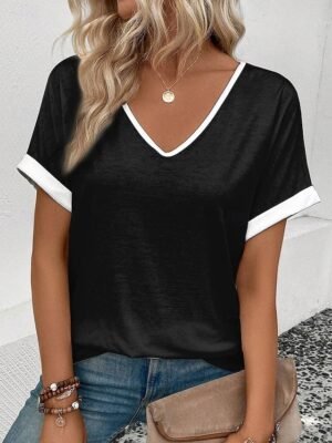 Casual Regular Striped V Neck Short Sleeve Summer T Shirt - Image 1