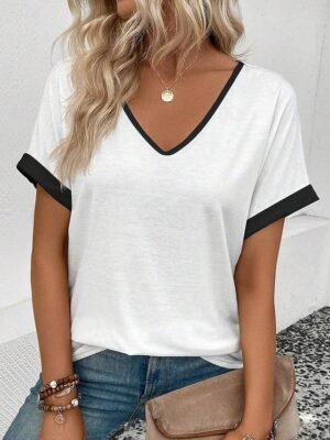 Casual Regular Striped V Neck Short Sleeve Summer T Shirt - Image 2