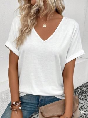 Casual Regular Striped V Neck Short Sleeve Summer T Shirt - Image 5