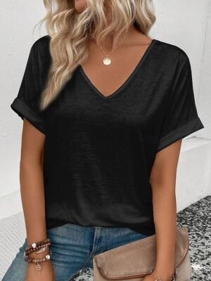Casual Regular Striped V Neck Short Sleeve Summer T Shirt - Image 6