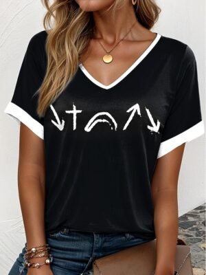 Casual Regular Striped V Neck Short Sleeve Summer T Shirt - Image 7