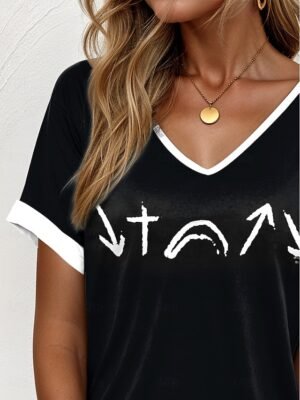 Casual Regular Striped V Neck Short Sleeve Summer T Shirt - Image 8