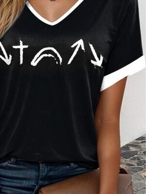 Casual Regular Striped V Neck Short Sleeve Summer T Shirt - Image 9
