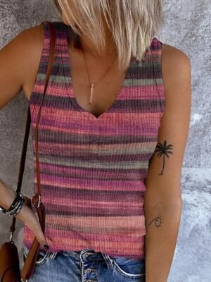 Casual Regular Striped V Neck Sleeveless Camisole Top - Image 3