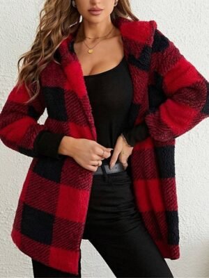 Casual Regular Stripes Plaid Open Front Long Sleeve Fleece Jacket - Image 1