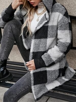 Casual Regular Stripes Plaid Open Front Long Sleeve Fleece Jacket - Image 10