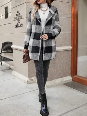 Casual Regular Stripes Plaid Open Front Long Sleeve Fleece Jacket - Image 12