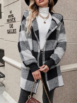 Casual Regular Stripes Plaid Open Front Long Sleeve Fleece Jacket - Image 13