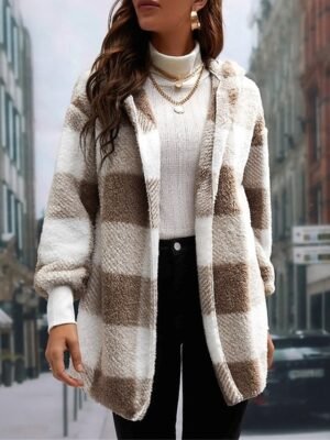 Casual Regular Stripes Plaid Open Front Long Sleeve Fleece Jacket - Image 14