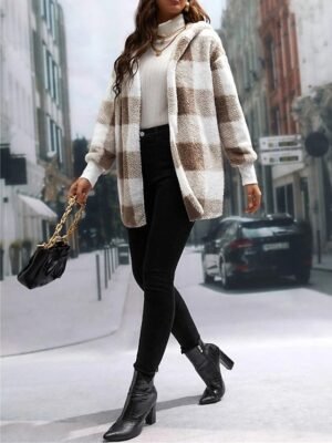 Casual Regular Stripes Plaid Open Front Long Sleeve Fleece Jacket - Image 16