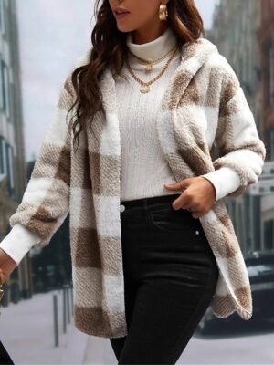 Casual Regular Stripes Plaid Open Front Long Sleeve Fleece Jacket - Image 17
