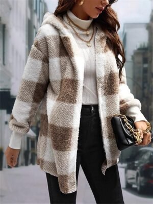 Casual Regular Stripes Plaid Open Front Long Sleeve Fleece Jacket - Image 18