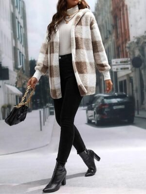 Casual Regular Stripes Plaid Open Front Long Sleeve Fleece Jacket - Image 19