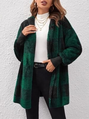Casual Regular Stripes Plaid Open Front Long Sleeve Fleece Jacket - Image 20