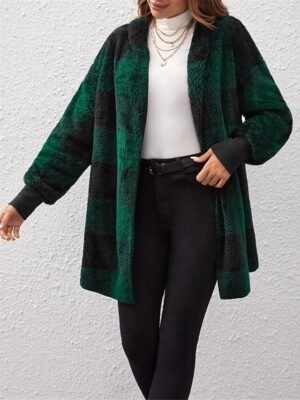 Casual Regular Stripes Plaid Open Front Long Sleeve Fleece Jacket - Image 22