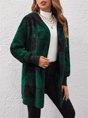 Casual Regular Stripes Plaid Open Front Long Sleeve Fleece Jacket - Image 23