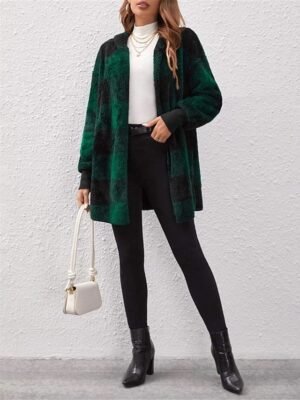 Casual Regular Stripes Plaid Open Front Long Sleeve Fleece Jacket - Image 24