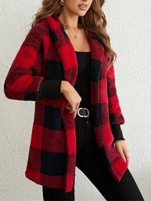 Casual Regular Stripes Plaid Open Front Long Sleeve Fleece Jacket - Image 3