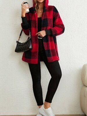 Casual Regular Stripes Plaid Open Front Long Sleeve Fleece Jacket - Image 4